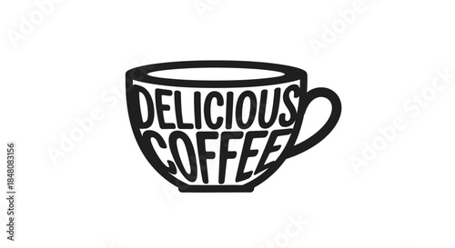 A black silhouette of a coffee cup with the word delicious inside