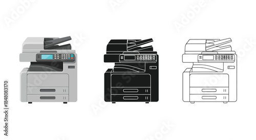 Three representations of a modern office photocopier machine in different styles