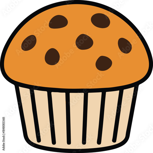 A golden-brown chocolate chip muffin in a striped paper liner, sweet and inviting vector illustration

