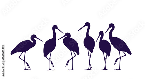 A collection of six elegant dark purple silhouettes of storks or herons in various graceful poses on a white background.