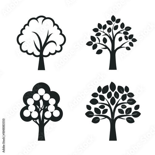 Stylized Trees Silhouettes Collection Four Minimalist Black Tree Variations on White