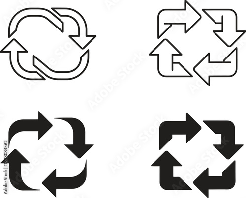 Set of diverse black and white recycling and refresh arrow icons symbolizing sustainability and renewal process