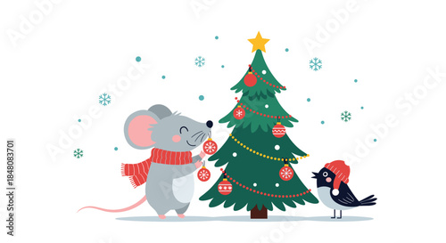 A charming winter scene with a cute mouse and bird decorating a christmas tree together in the falling snow illustration.