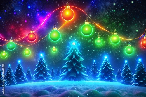 Vibrant neon Christmas ornaments hanging above glowing blue snow covered pine trees at night