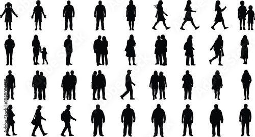 Set  People Silhouettes. Diverse collection of men and women figures in various poses, including using phones and laptops. Vector illustration for design projects.