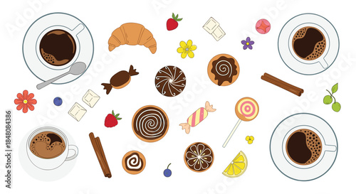 A cozy coffee break flat lay illustration with cups of coffee pastries sweets and flowers from a top-down perspective.