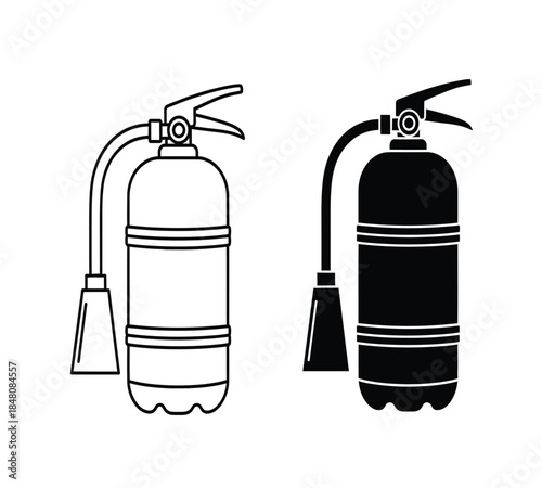 A simple illustration depicts two fire extinguishers one in a white outline and the other completely filled in black side by side