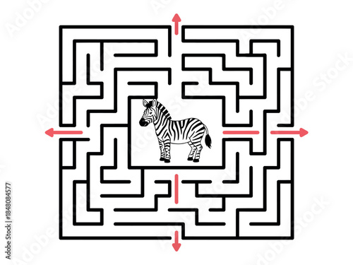 Zebra in a Black and White Maze with Red Directional Arrows Illustration