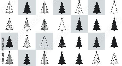 Collection of decorated and simple Christmas tree icons in black and white arranged in a checkerboard pattern background.