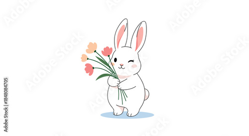 Cute winking white bunny rabbit holding a beautiful bouquet of colorful spring flowers on a simple white background.