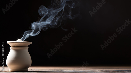 soliloquy. White smoke rising from a simple ceramic incense burner in soft indoor light. event programs, museum guides, designed for cultural heritage projects and event programs, supports education.