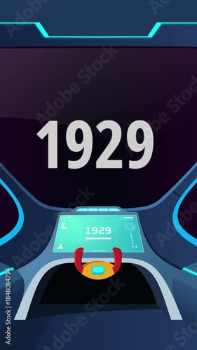 Time travel cockpit with futuristic animation jump to the year 1929 vertical. Ideal for content creators, tech presentations, future concepts, and cinematic video projects.