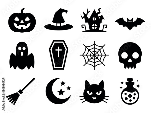 Halloween icons set, black silhouettes