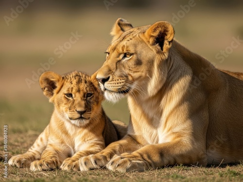 Lioness and cub in serene embrace isolated on white background
