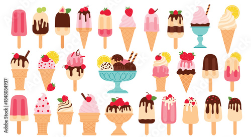 Large collection of colorful cartoon ice cream cones popsicles and sundaes with various toppings on a white background.