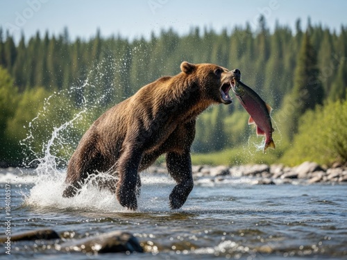 Bear catches fish in river isolated on white background