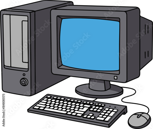 A classic desktop computer setup with a CRT monitor, tower, keyboard, and mouse, nostalgic and functional vector illustration

