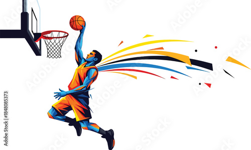Basketball Dunk Action Illustration – Professional Slam Dunk Sports Vector Art, Athlete Motion Scene