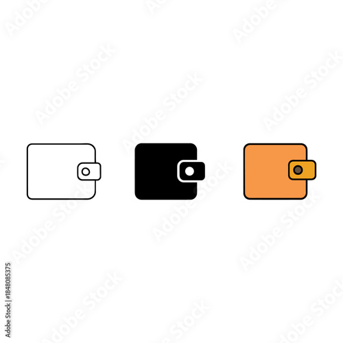 Three wallet icons in black, white, and orange
Horizontal layout of three stylized wallet icons with flap and circular clasp. Each wallet is rendered in a different color and minimalist style.