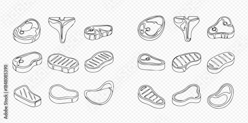 Outline drawings of various meat cuts including steaks, ribs, and chops, suitable for culinary illustrations.