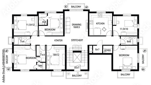Detailed floor plan of a spacious home with multiple bedrooms and balconies