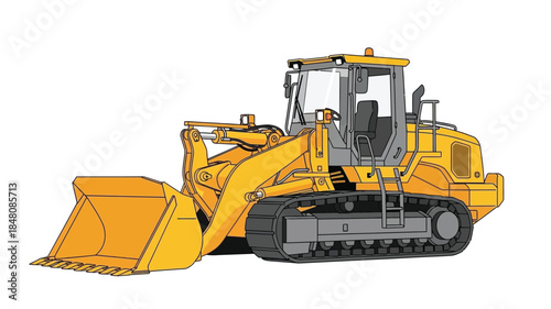 Illustration of a yellow front loader construction vehicle on black tracks