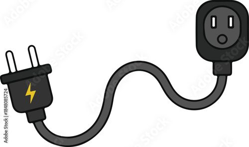 A black electrical cord with a plug and socket, simple and functional vector illustration

