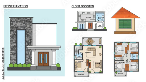 Architectural blueprints showcasing house elevations and detailed floor plans for residential design