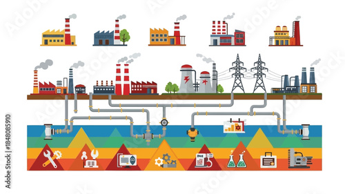 Industrial landscape showcasing factories power lines and resource extraction processes
