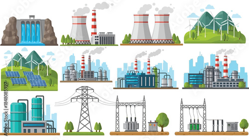 Diverse energy sources including wind solar hydro and industrial power plants depicted