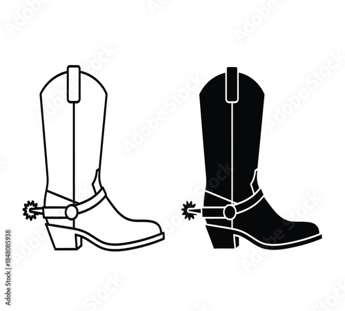 A contrasting illustration depicting a pair of western cowboy boots one white and one black with spurs attached
