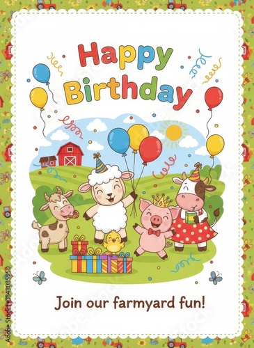 A colorful birthday card featuring cartoon animals celebrating with balloons, gifts, and a cheerful farm background.