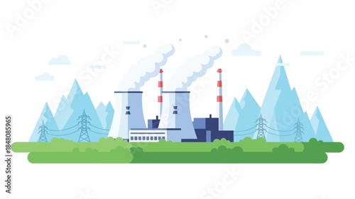 Industrial complex with cooling towers and mountains in a flat vector illustration