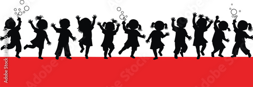 Happy Silhouettes of Diverse Children Playing and Jumping on a Red Block, Joyfully Blowing Bubbles and Celebrating Childhood Freedom and Energy.