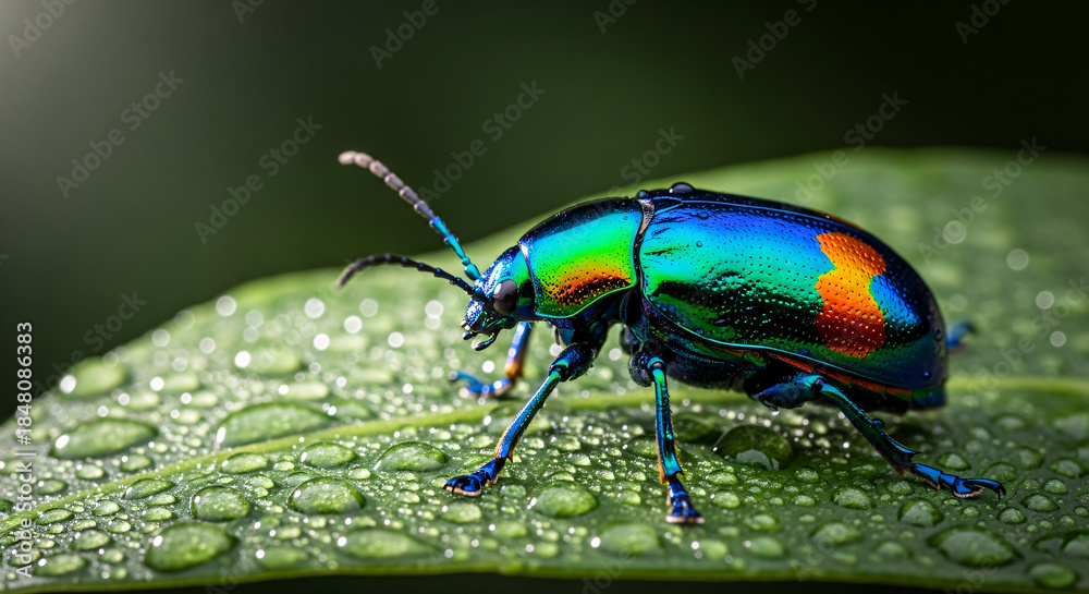 Fototapeta premium Vibrant beetle perched on a green leaf with water droplets close up view