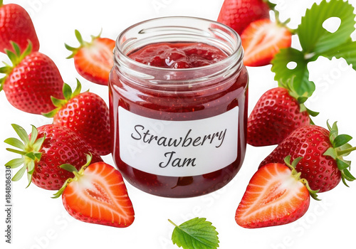 Strawberry Jam Jar with Fresh Strawberries Isolated on Black