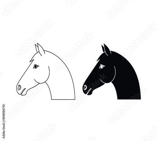A striking black and white illustration depicts two horse heads facing right showcasing contrasting forms and elegant equine features