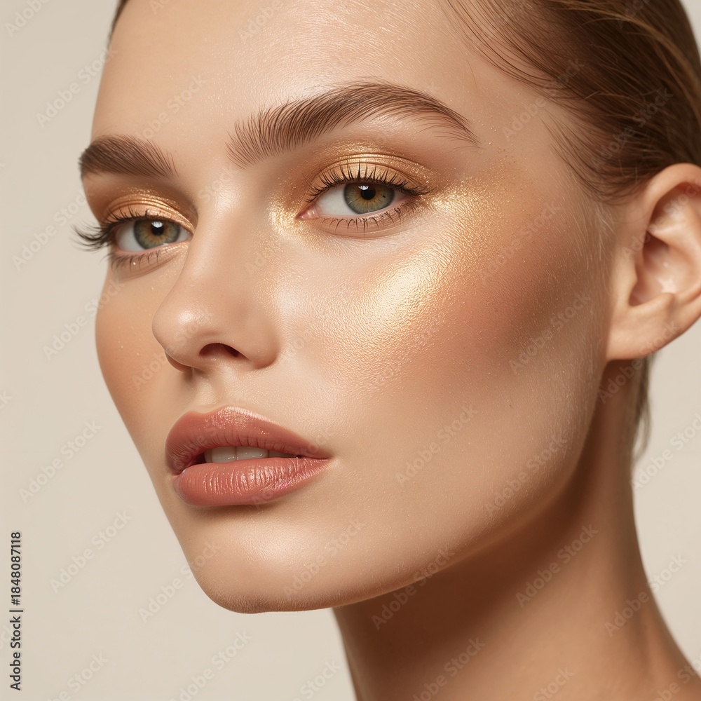 Fototapeta premium Radiant glow with golden shimmer and perfectly sculpted features for a glamorous look