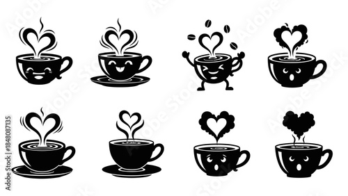 Cute coffee mug characters with heart steam. Hand drawn style coffee cup icons with happy, surprised, and smiling faces. Vector cafe mascot set for menu and social media design.
