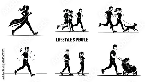 Set of black and white silhouettes depicting people engaged in running and jogging activities promoting active and healthy lifestyles