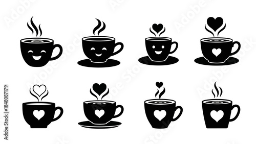 Set of steaming coffee cups silhouettes featuring cute smiling faces and stylized hearts symbolizing warmth and affection