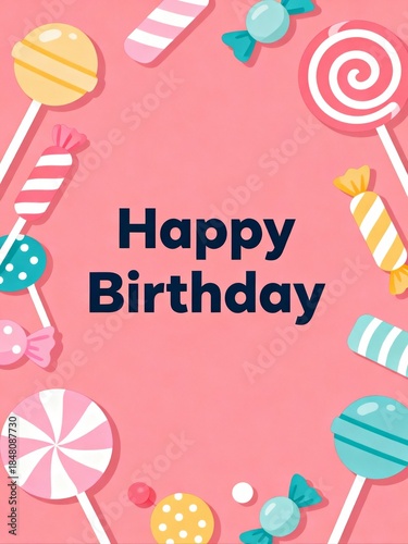 A colorful birthday-themed design featuring various candies and lollipops surrounding the text 