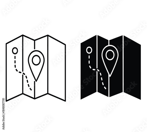 Two variations of a black and white map icon depicting a folded map with a location pin and dotted route