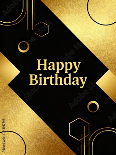 A stylish black and gold birthday card featuring geometric shapes and elegant typography.