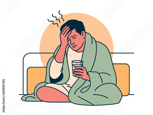 Sick man sitting on bed with fever and headache, feeling unwell at home