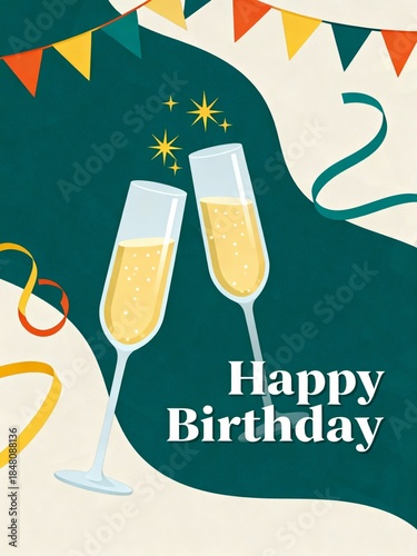 A festive birthday card featuring two champagne glasses with sparkles, colorful flags, and a 