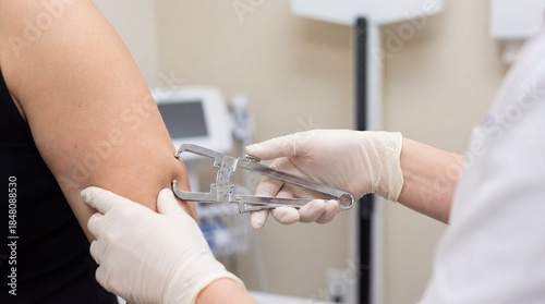 Body fat caliper check in clinic. Gloved hands use caliper to measure skinfold on upper arm, body fat screening for world health day, new year weight loss plan, medical wellness concept