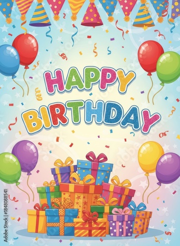 A colorful birthday celebration scene with balloons, gifts, and festive decorations, featuring the cheerful message 