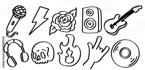 Set of hand drawn punk music theme Isolated Vector