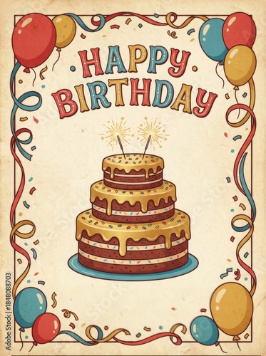A colorful birthday card featuring a three-tiered cake with candles, surrounded by balloons and festive decorations.
